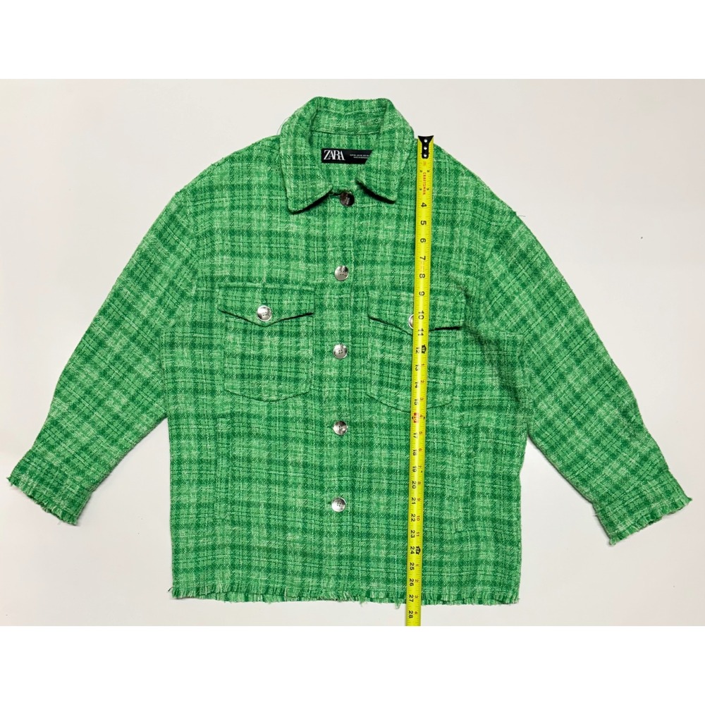 Zara Green Plaid Tweed Shirt Jacket Shacket Raw Hem XS